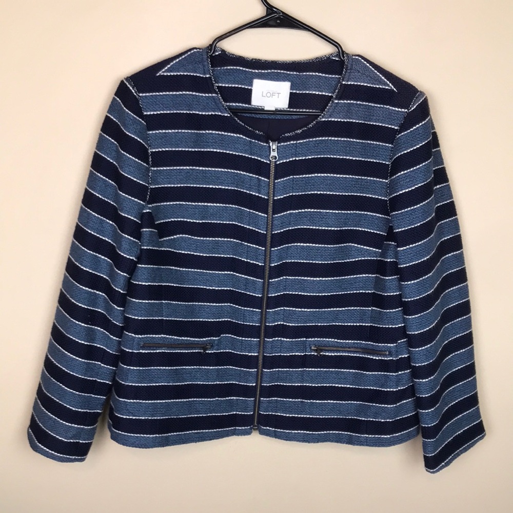LOFT Women’s Stripe Knit Blue White Career Office Zip-Up Jacket